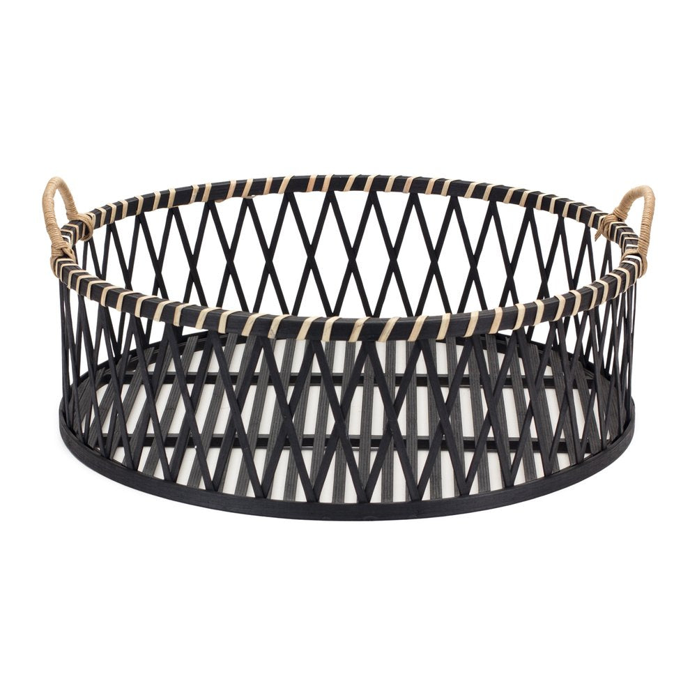 Juego de dos bandejas redondas de bambú con asas en color negro y tostado.
