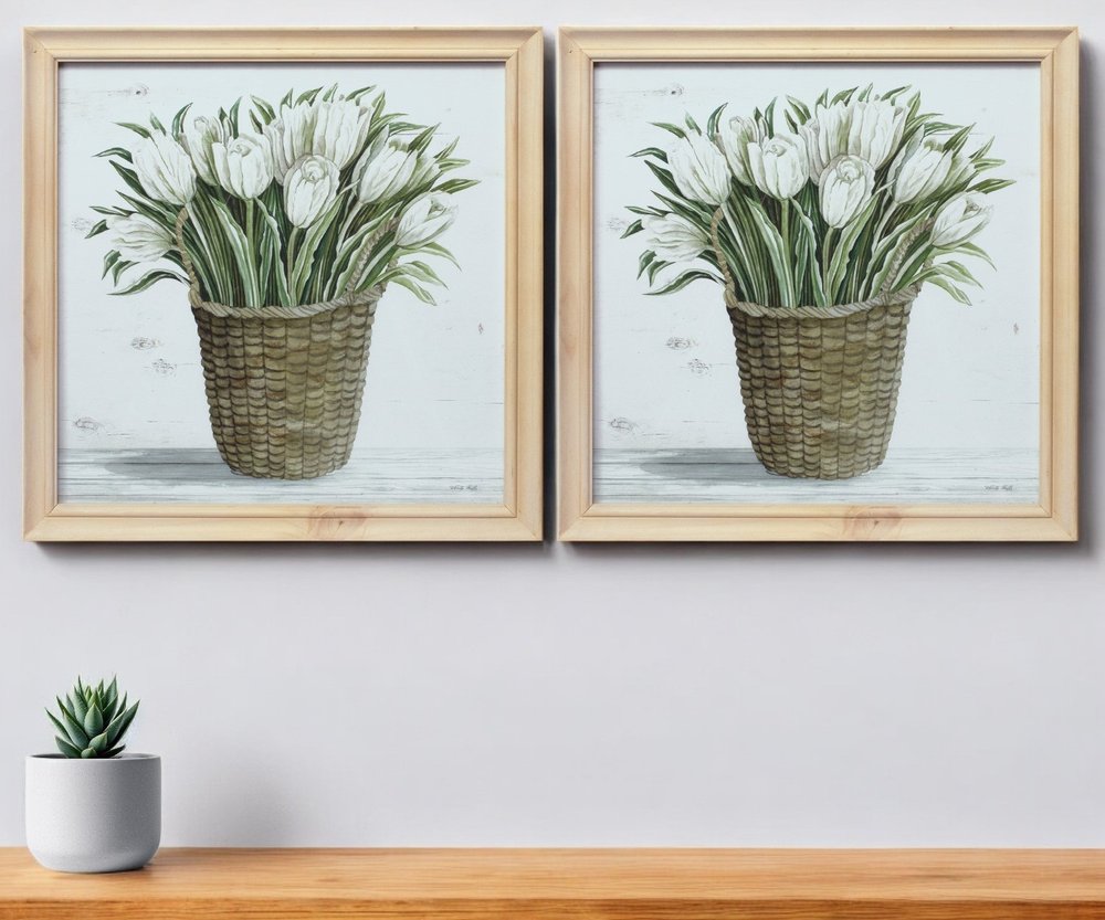 Set of Two Natural And Green Bouquet Floral Solid Wood Square Framed Art