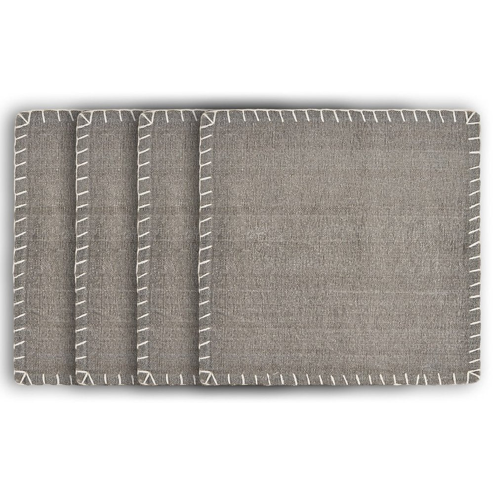 15" Set of Four Natural And Olive Green Embroidered Edge Cotton Square Placemats