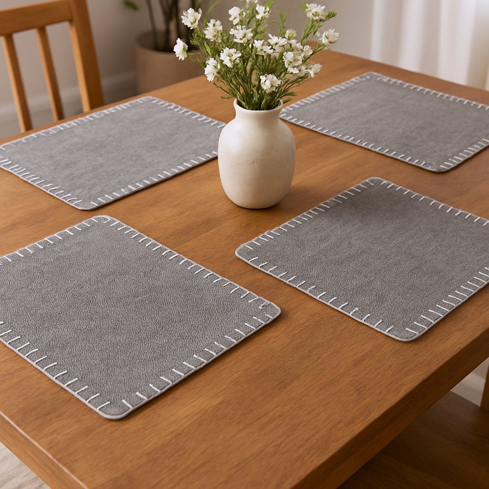 15" Set of Four Natural And Olive Green Embroidered Edge Cotton Square Placemats