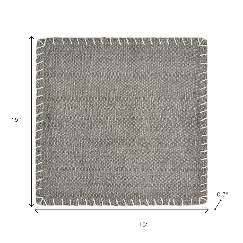 15" Set of Four Natural And Olive Green Embroidered Edge Cotton Square Placemats