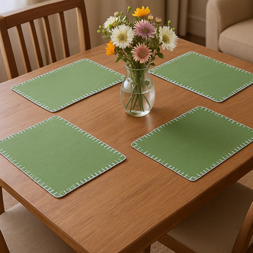 15" Set of Four Natural And Olive Green Embroidered Edge Cotton Square Placemats