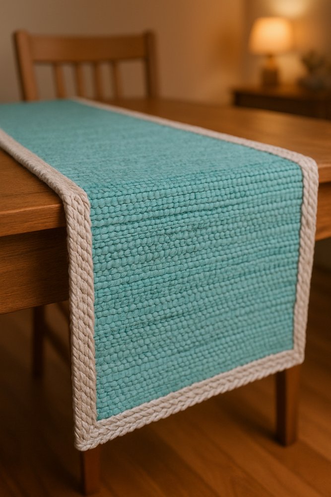 80" Navy Blue And Natural Solid With Border Cotton Table Runner