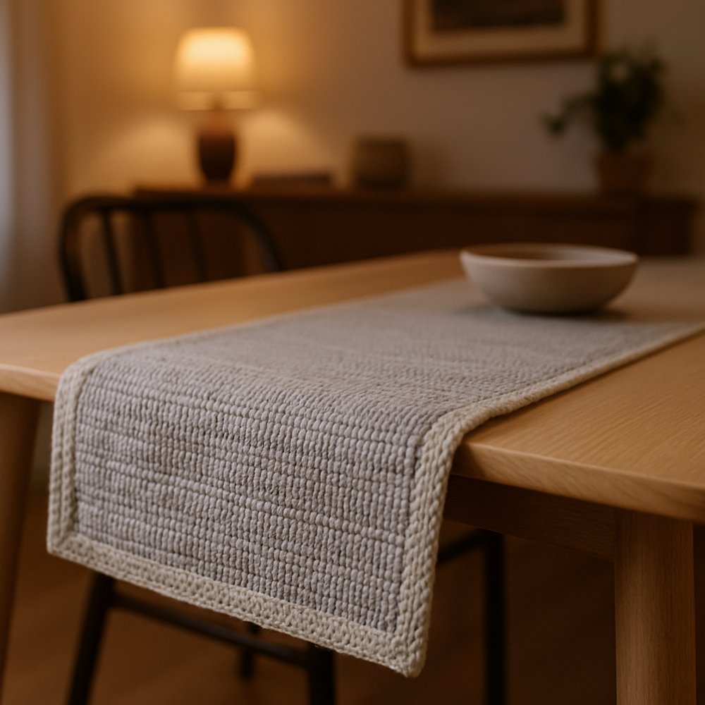 80" Navy Blue And Natural Solid With Border Cotton Table Runner