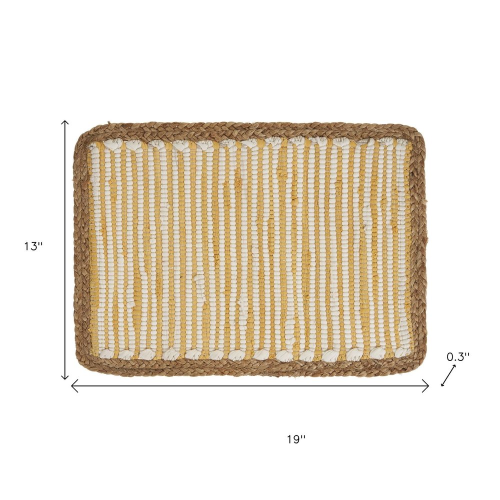 19" Set of Four Cream Yellow And Natural Striped Cotton And Jute Placemats