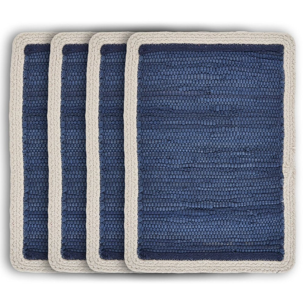 80" Navy Blue And Natural Solid With Border Cotton Table Runner