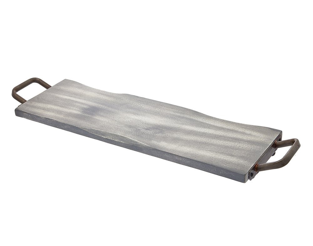 Bandeja para servir de madera y metal gris y negro de 27" con asas