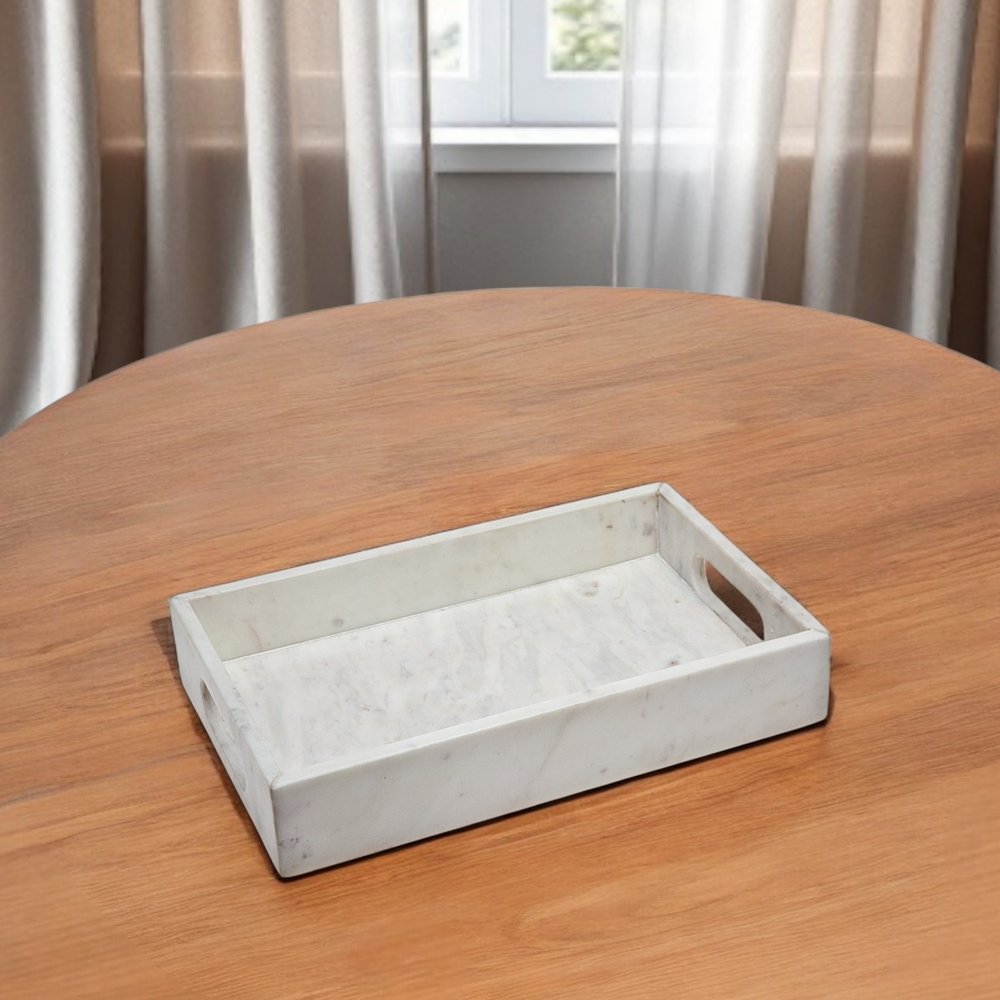 16" White Rectangular Marble Serving Tray With Handles