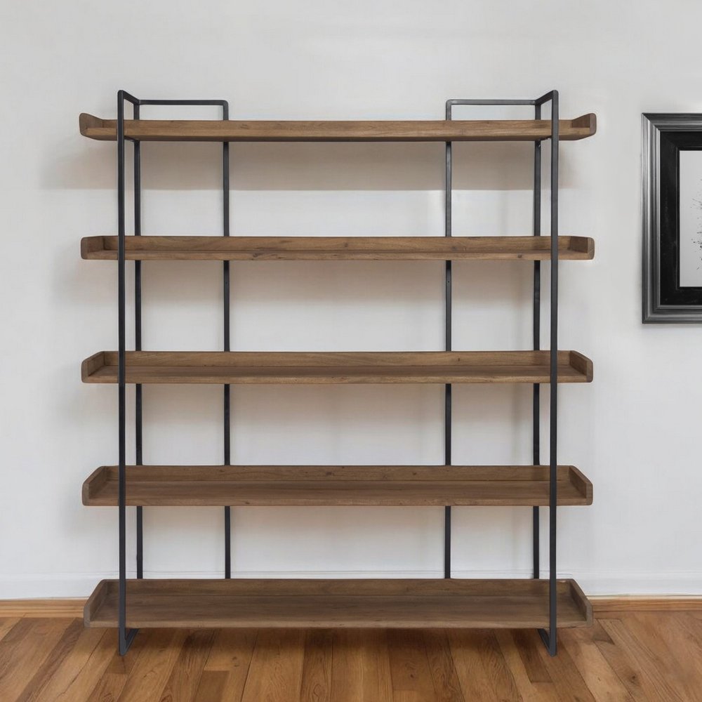 76" Brown and Black Metal and Wood Five Tier Bookcase