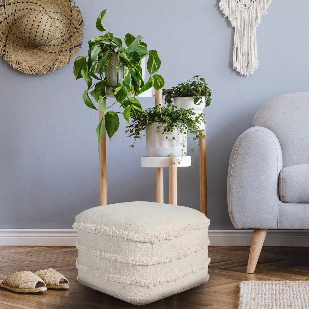 18" Blue Cotton Striped Pouf Ottoman