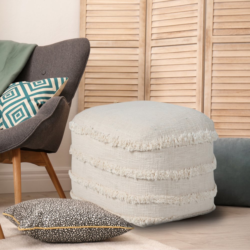 18" Blue Cotton Striped Pouf Ottoman