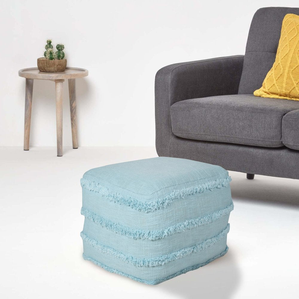 18" Blue Cotton Striped Pouf Ottoman