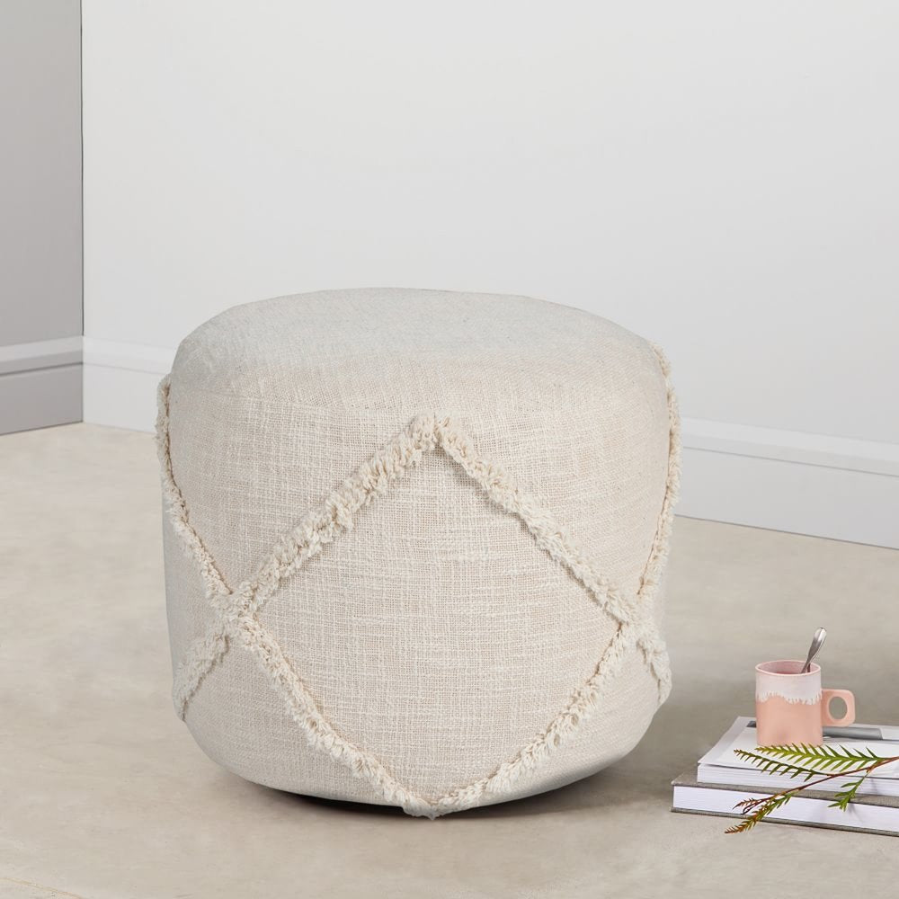 18" Blue Cotton Cylinder Geometric Pouf Ottoman
