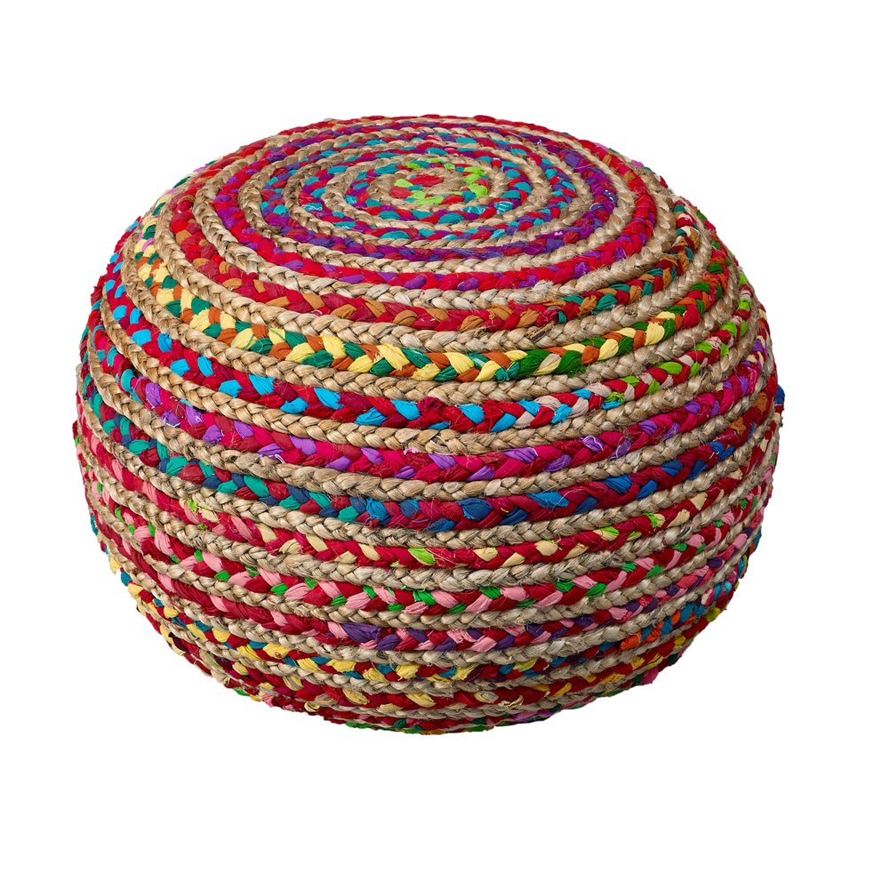 20" Gray Cotton Blend Round Striped Pouf Ottoman