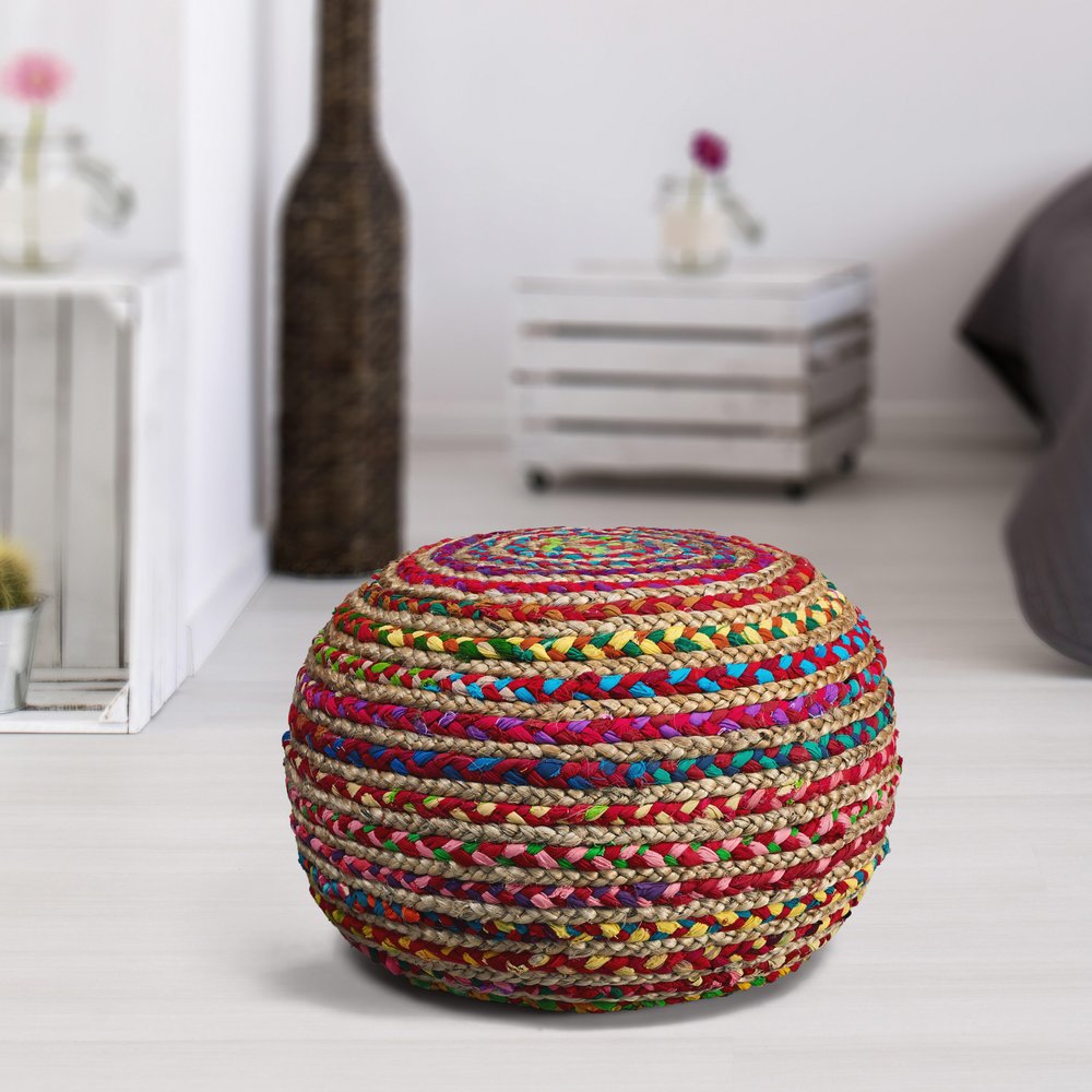 20" Gray Cotton Blend Round Striped Pouf Ottoman