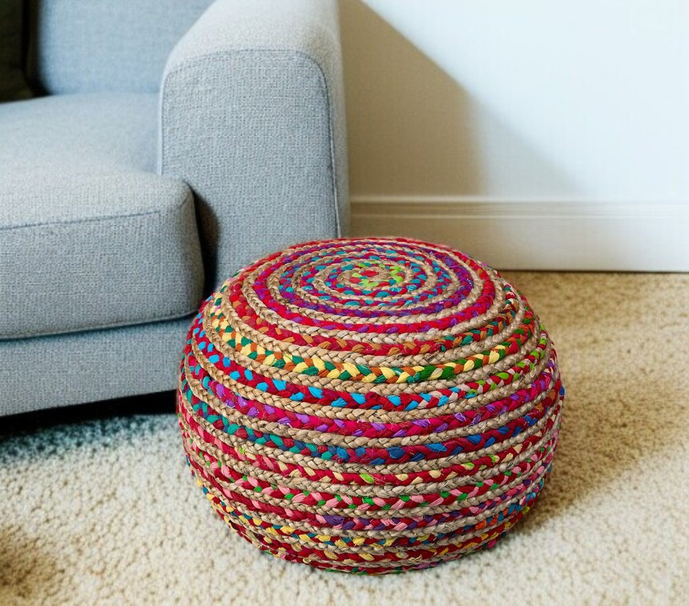 20" Gray Cotton Blend Round Striped Pouf Ottoman