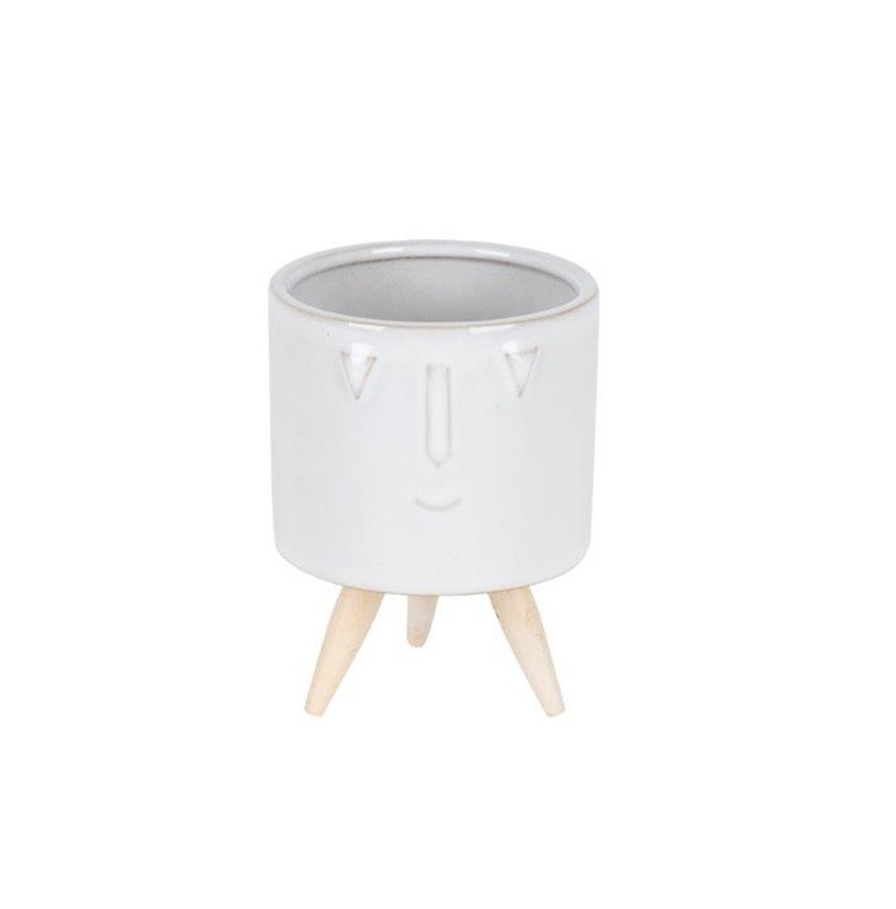 Set of Three White Porcelain 1 Ounce Round Funny Face Pot Planters With Stands