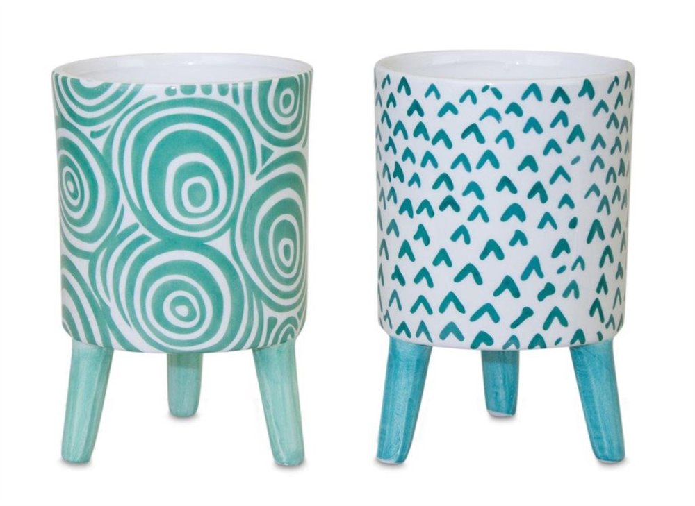 Set of Two Aqua Teal And White Ceramic 2 Ounce Round Raised Pot Planters