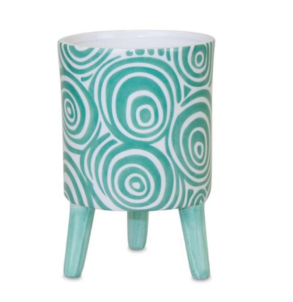 Set of Two Aqua Teal And White Ceramic 2 Ounce Round Raised Pot Planters