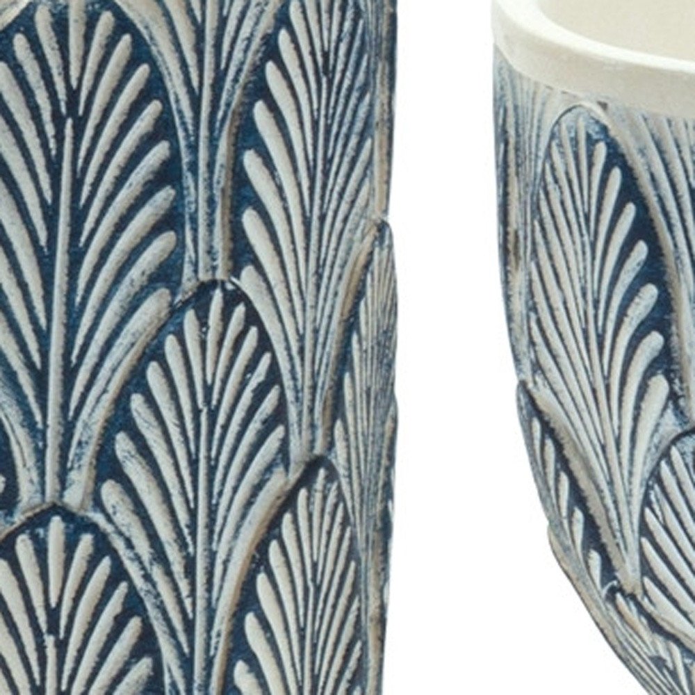 Set of Two Blue And White Polyresin Geometric Pot Planters
