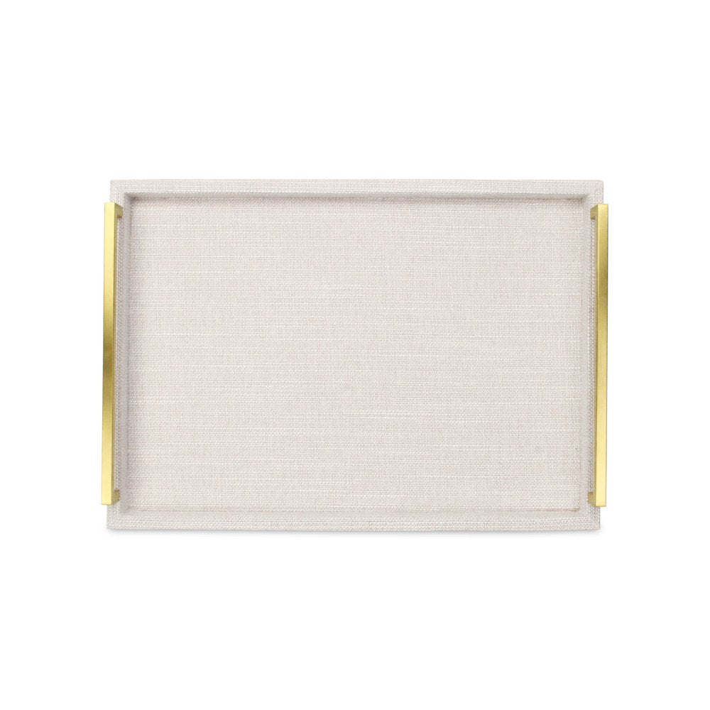 Juego de dos bandejas para servir anidadas de madera y tela en color blanco roto con asas doradas