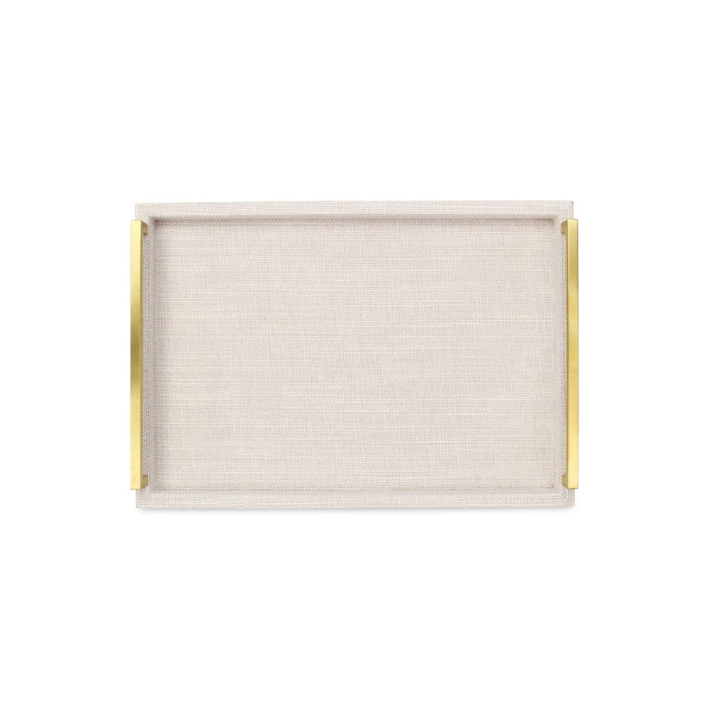 Juego de dos bandejas para servir anidadas de madera y tela en color blanco roto con asas doradas