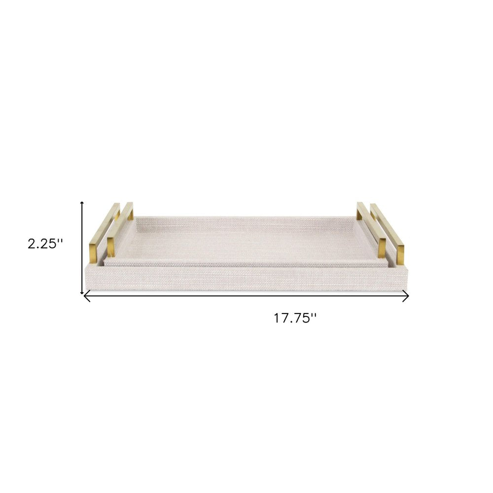 Juego de dos bandejas para servir anidadas de madera y tela en color blanco roto con asas doradas