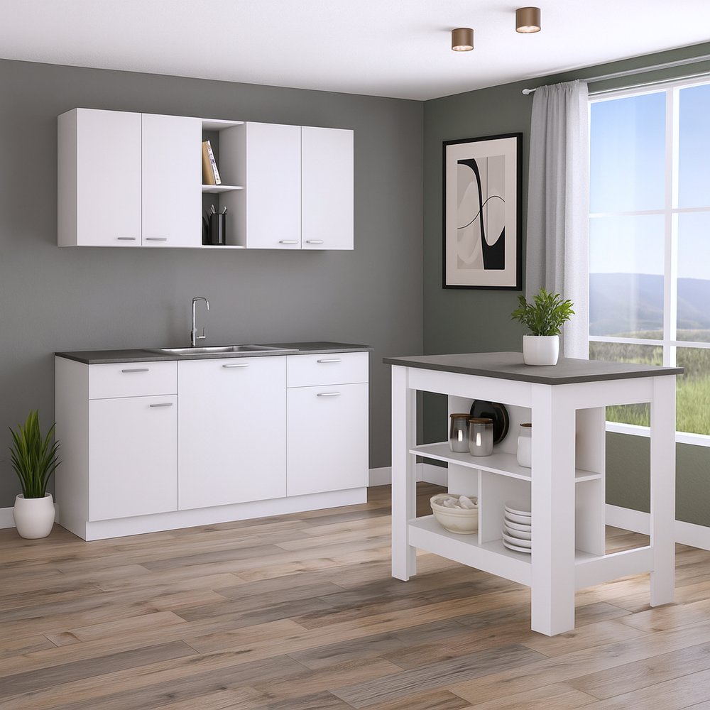 Juego de isla de cocina de madera marrón oscuro y blanca de 41" con almacenamiento