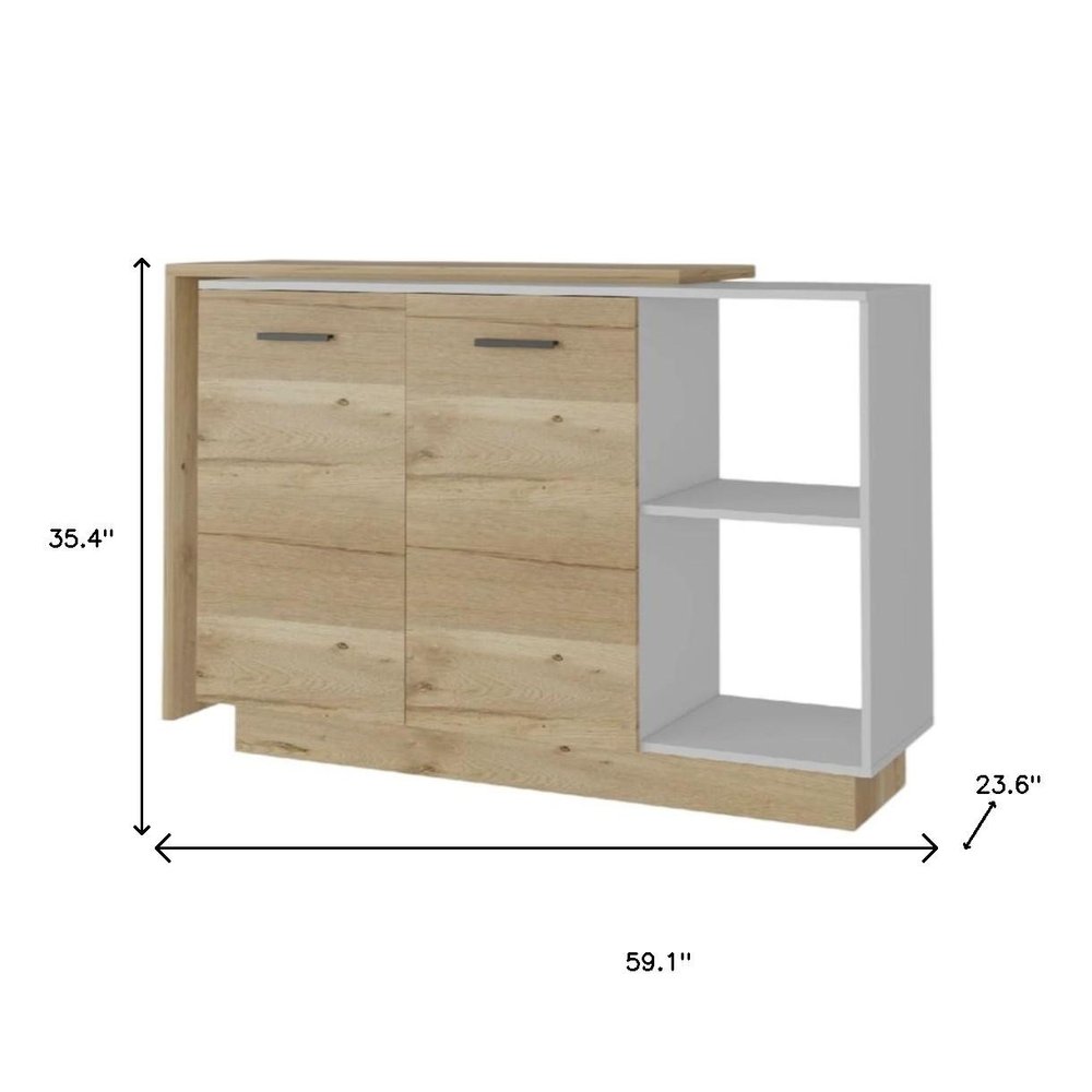 Juego de isla de cocina de madera blanca y marrón natural de 59" con almacenamiento