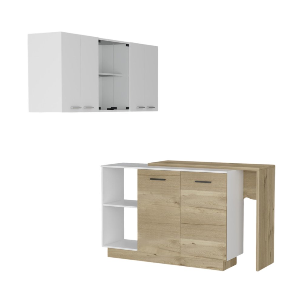 Juego de isla de cocina de madera blanca y marrón natural de 59" con almacenamiento