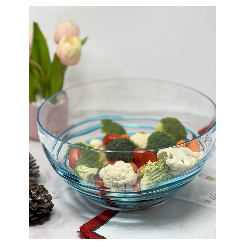 Ensaladera redonda de acrílico transparente y azul de 25 cm con remolinos