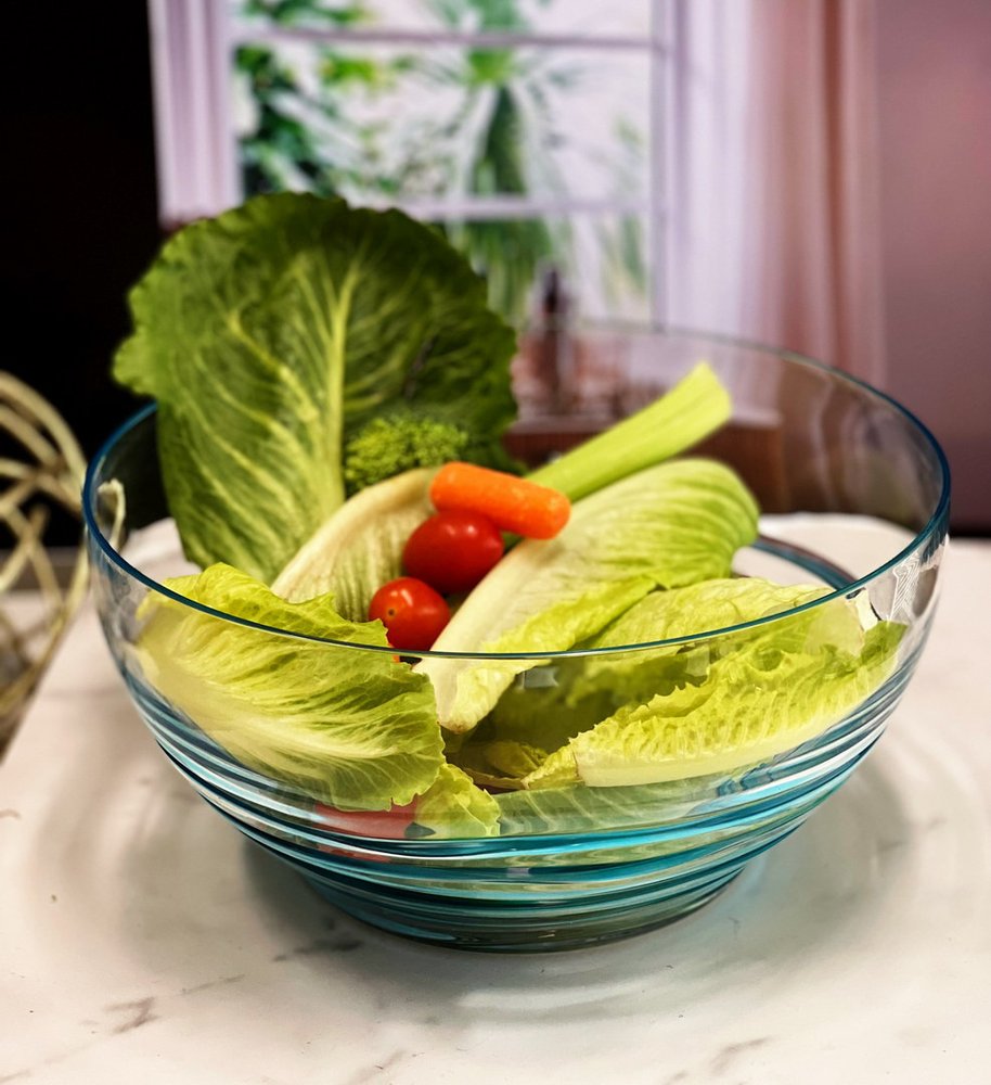 Ensaladera redonda de acrílico transparente y azul de 25 cm con remolinos