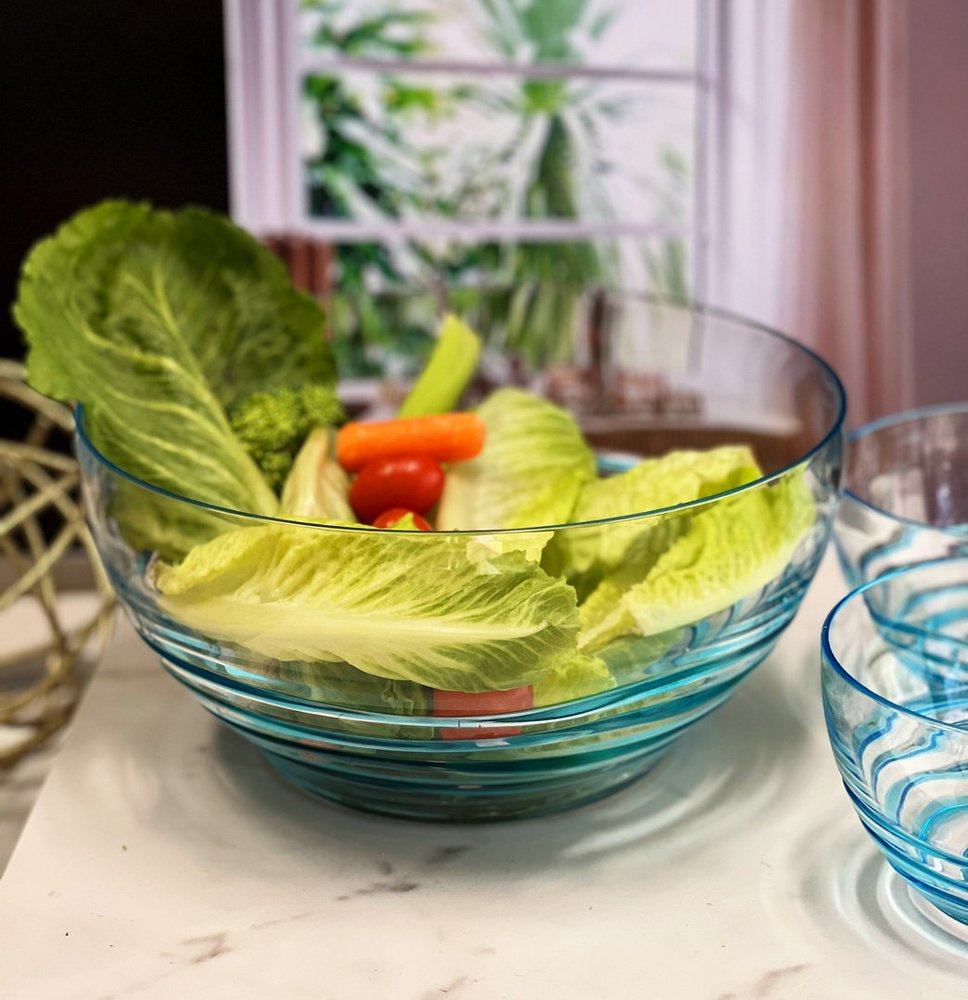 Ensaladera redonda de acrílico transparente y azul de 25 cm con remolinos