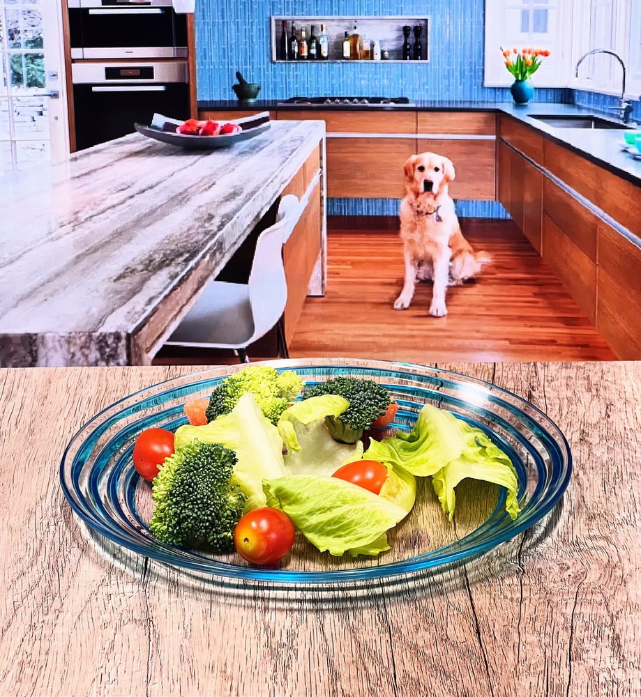 Juego de cuatro platos de ensalada acrílicos redondos con espirales azules