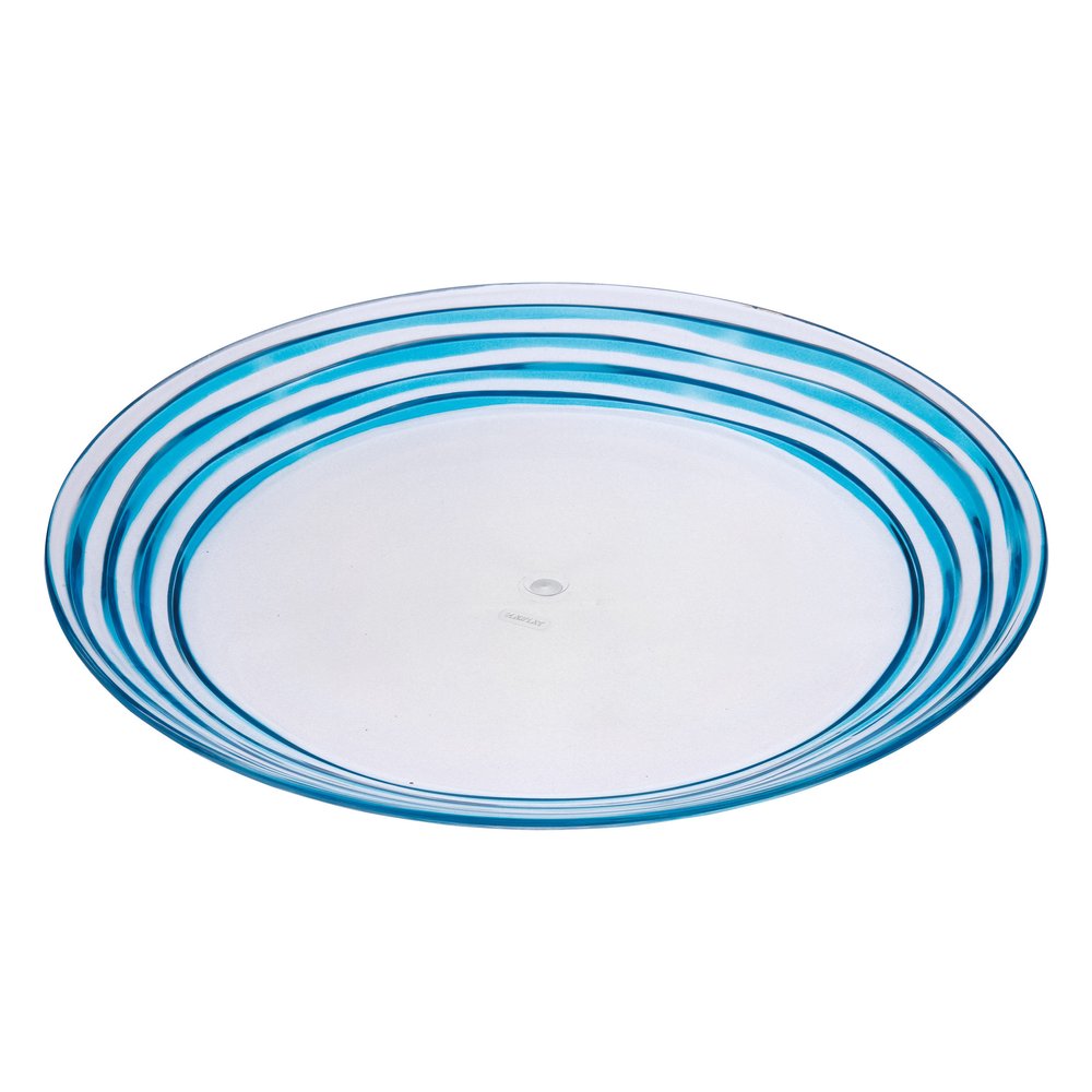 Juego de cuatro platos de cena de acrílico transparente y azul con diseño de remolino.