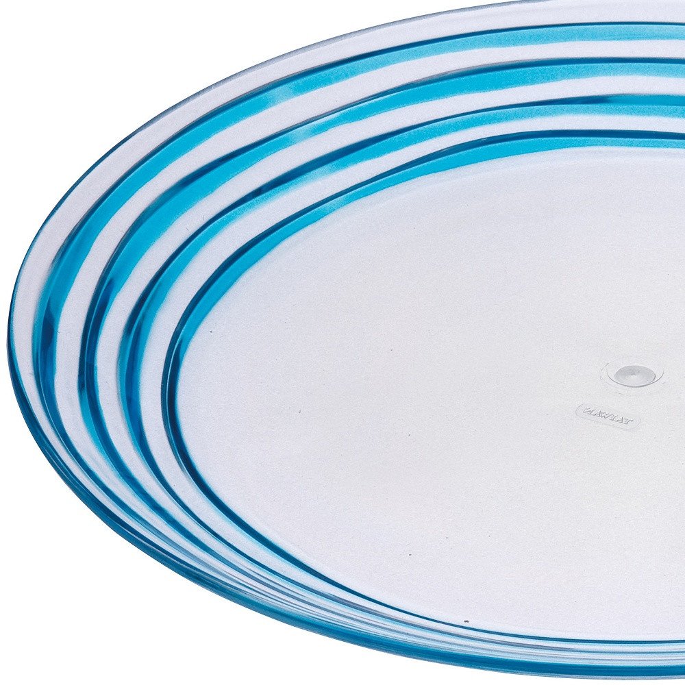 Juego de cuatro platos de cena de acrílico transparente y azul con diseño de remolino.