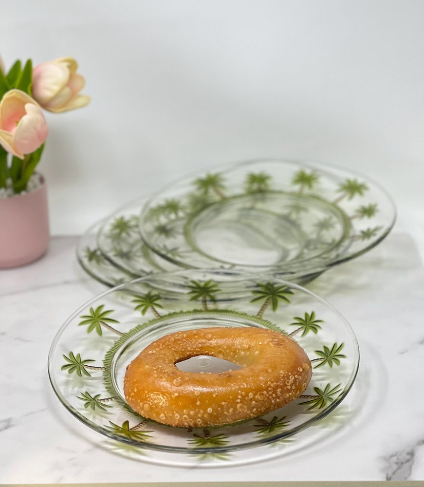Servicio de cuatro piezas de acrílico con diseño de palmera, transparente y verde, para cuatro platos de cena