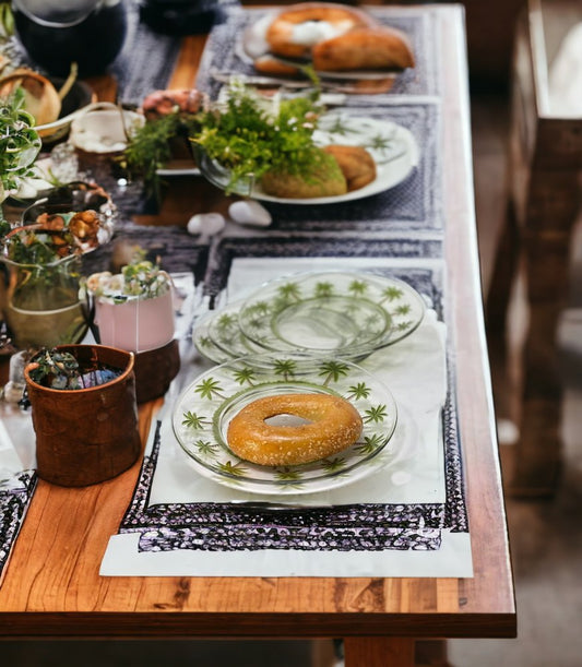 Servicio de cuatro piezas de acrílico con diseño de palmera, transparente y verde, para cuatro platos de cena