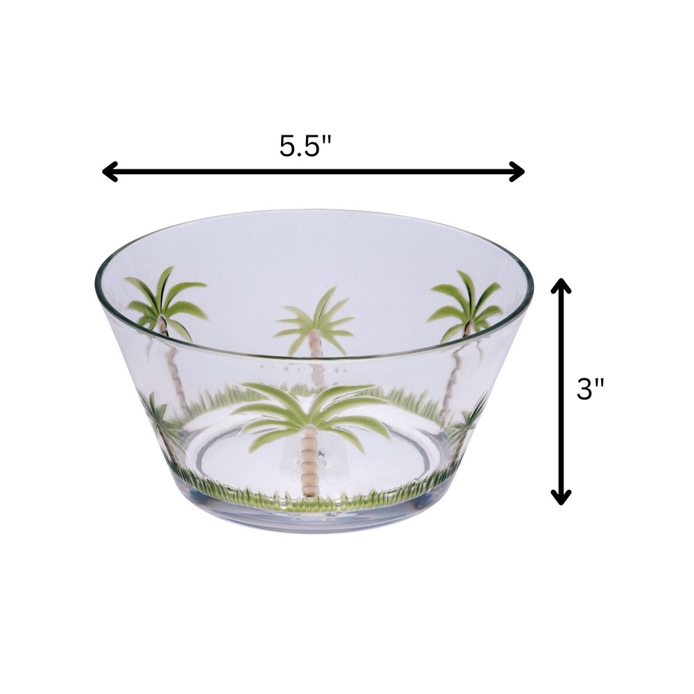 Servicio de cuatro piezas de acrílico con diseño de palmera, transparente y verde, para cuatro cuencos.