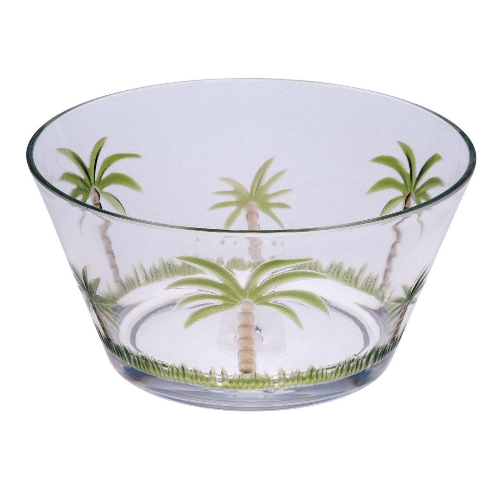 Servicio de cuatro piezas de acrílico con diseño de palmera, transparente y verde, para cuatro cuencos.
