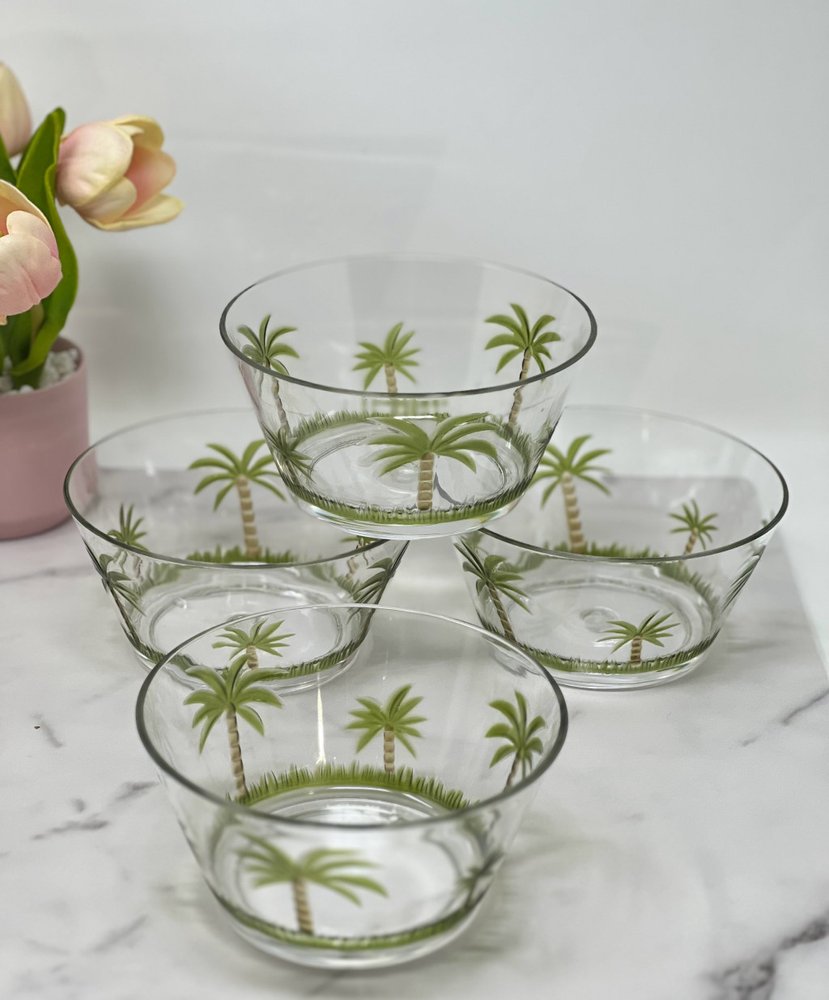 Servicio de cuatro piezas de acrílico con diseño de palmera, transparente y verde, para cuatro cuencos.