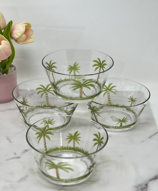 Servicio de cuatro piezas de acrílico con diseño de palmera, transparente y verde, para cuatro cuencos.