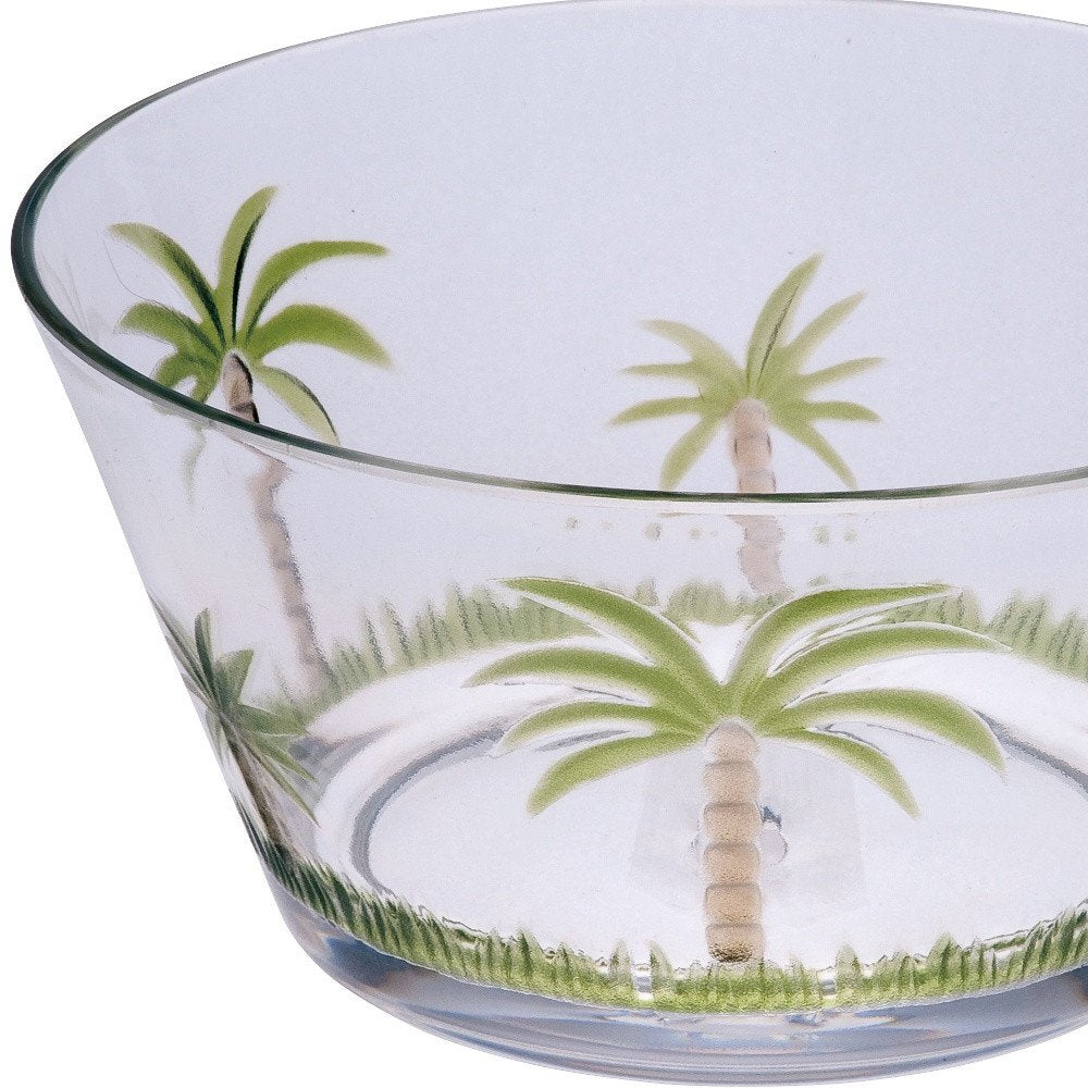 Servicio de cuatro piezas de acrílico con diseño de palmera, transparente y verde, para cuatro cuencos.