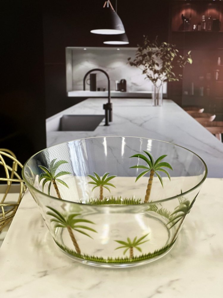 Ensaladera redonda de acrílico transparente y verde con forma de palmera de 25 cm
