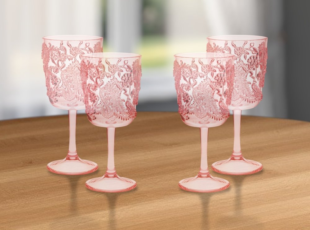 Set of Four Blue Paisley Acrylic Stemmed All Purpose Wine Glass