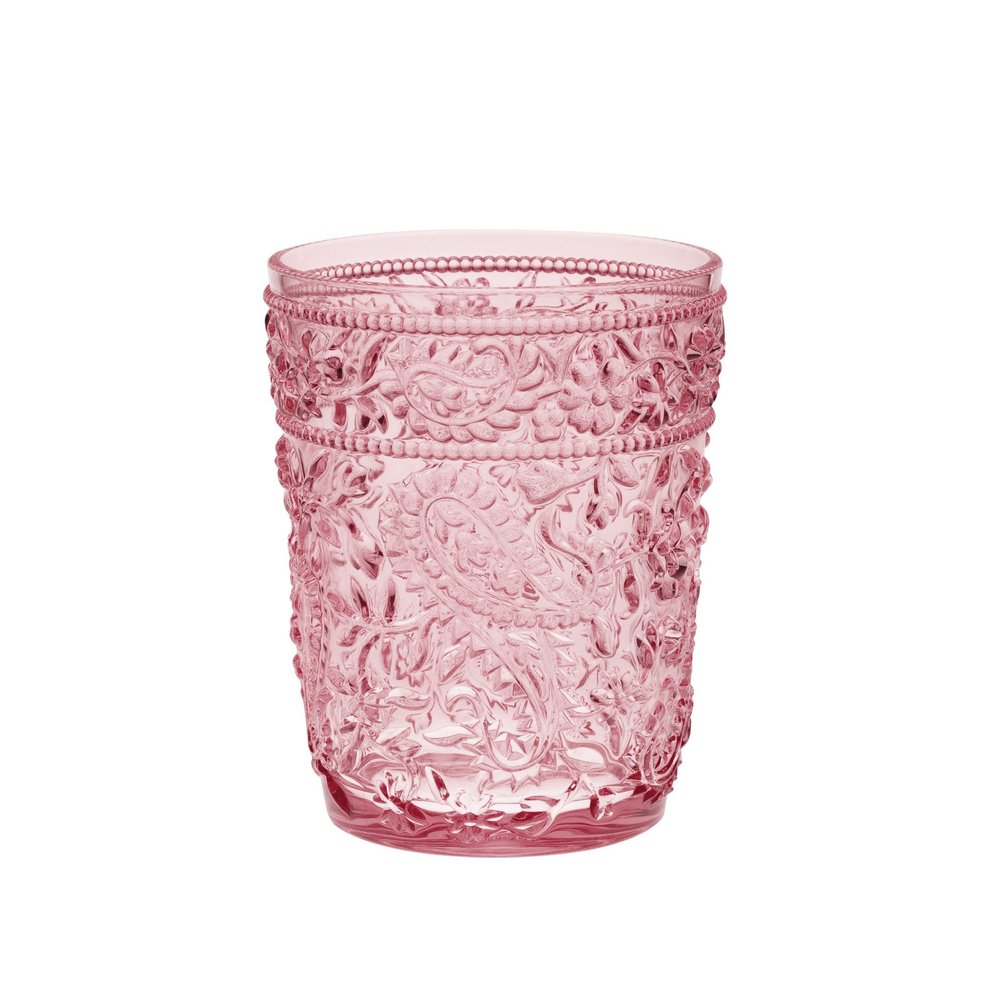Juego de cuatro vasos de whisky sin tallo de acrílico con estampado paisley rosa
