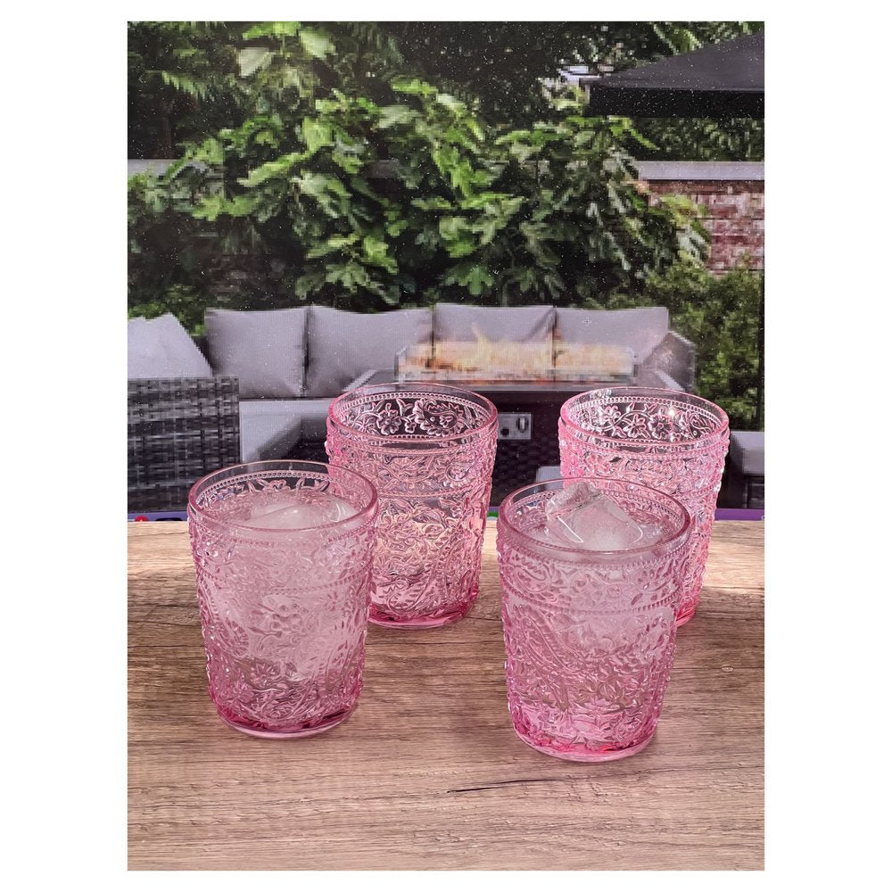 Juego de cuatro vasos de whisky sin tallo de acrílico con estampado paisley rosa