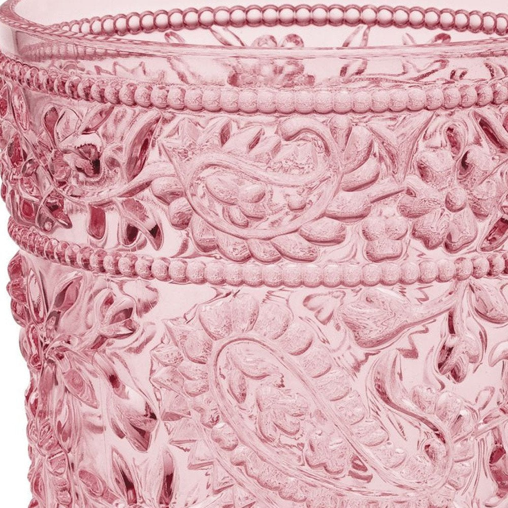 Juego de cuatro vasos de whisky sin tallo de acrílico con estampado paisley rosa