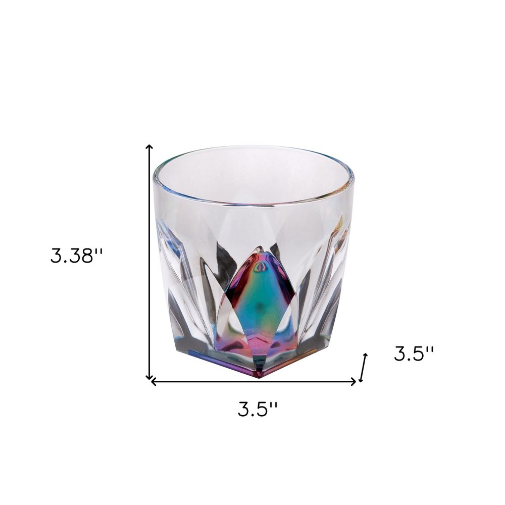 Juego de cuatro vasos de whisky acrílicos sin tallo con diseño geométrico de arcoíris