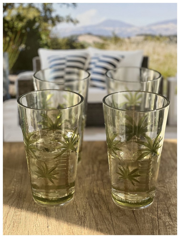 Juego de cuatro vasos altos de acrílico transparente y verde con forma de palmera